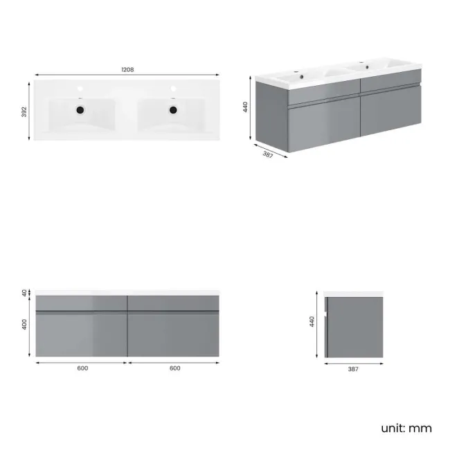 Trent Stone Grey Wall Hung Double Basin Drawer Vanity 1200mm