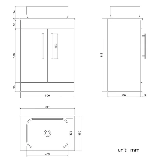 Avon Stone Grey Vanity with Curved Counter Top Basin 600mm