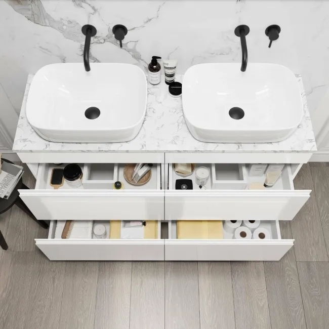 Trent Gloss White Double Vanity Drawer with Marble Top & Curved Counter Top Basin 1200mm