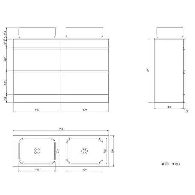 Trent Gloss White Double Vanity Drawer with Marble Top & Curved Counter Top Basin 1200mm