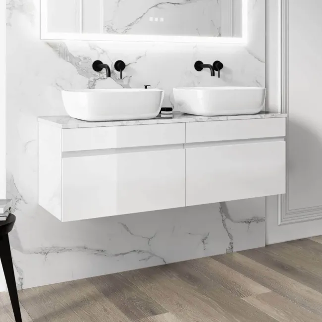 Trent Gloss White Double Wall Hung Drawer Vanity with Marble Top & Curved Counter Top Basin 1200mm