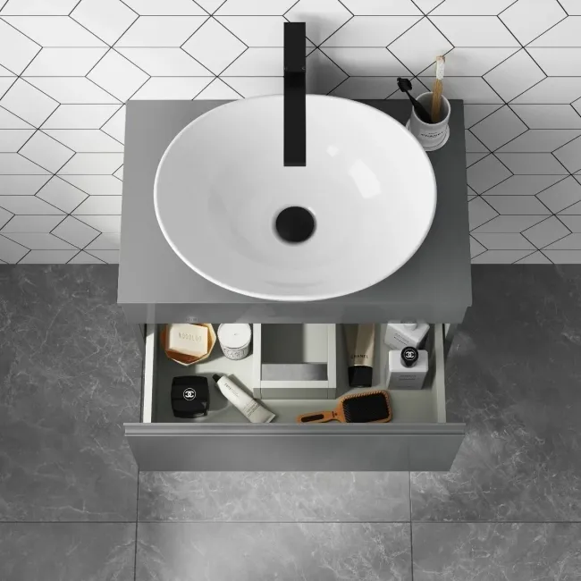 Trent Stone Grey Wall Hung Drawer Vanity with Oval Counter Top Basin 600mm