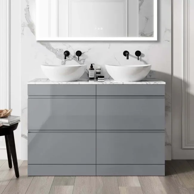 Trent Stone Grey Double Vanity Drawer with Marble Top & Oval Counter Top Basin 1200mm