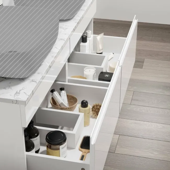 Trent Gloss White Wall Hung Drawer with Marble Top 1200mm - Excludes Counter Top Basins