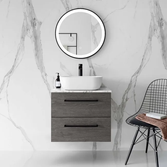 Elba Charcoal Elm Wall Hung Drawer Vanity with Marble Top & Curved Counter Top Basin 600mm - Black Accents