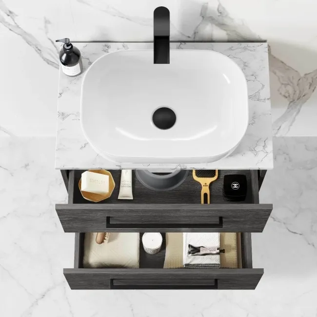 Elba Charcoal Elm Wall Hung Drawer Vanity with Marble Top & Curved Counter Top Basin 600mm - Black Accents