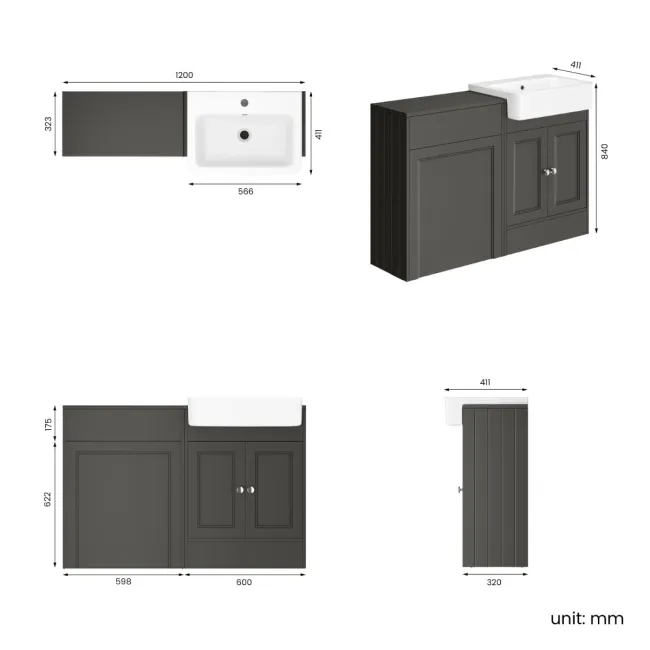 Monaco Graphite Grey Basin Vanity and Back To Wall Unit 1200mm (Excludes Pan & Cistern)