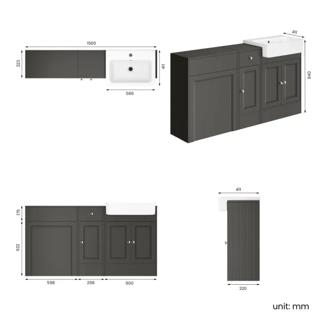 Monaco Graphite Grey Basin Vanity and Back To Wall Unit 1500mm (Excludes Pan & Cistern)