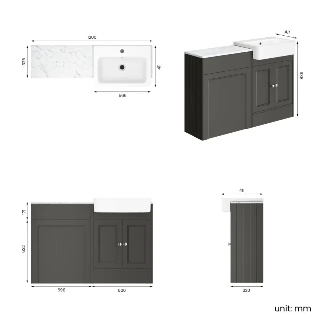Monaco Graphite Grey Combination Vanity Basin with Marble Top 1200mm (Excludes Pan & Cistern)