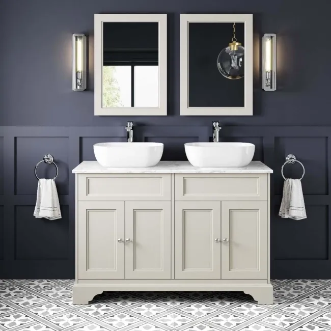 Lucia Chalk White Double Vanity with Marble Top & Curved Counter Top Basin 1200mm