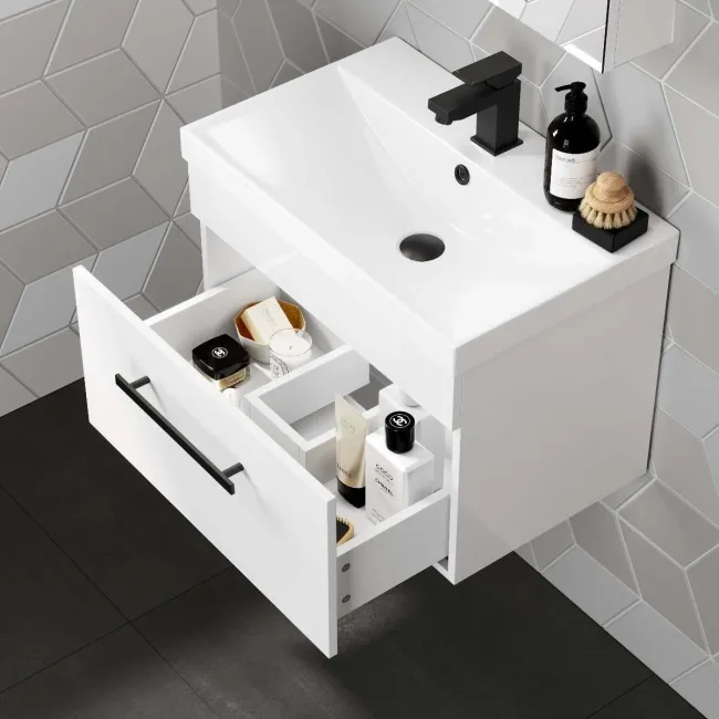 Avon Gloss White Wall Hung Basin Drawer Vanity 600mm - Black Accents