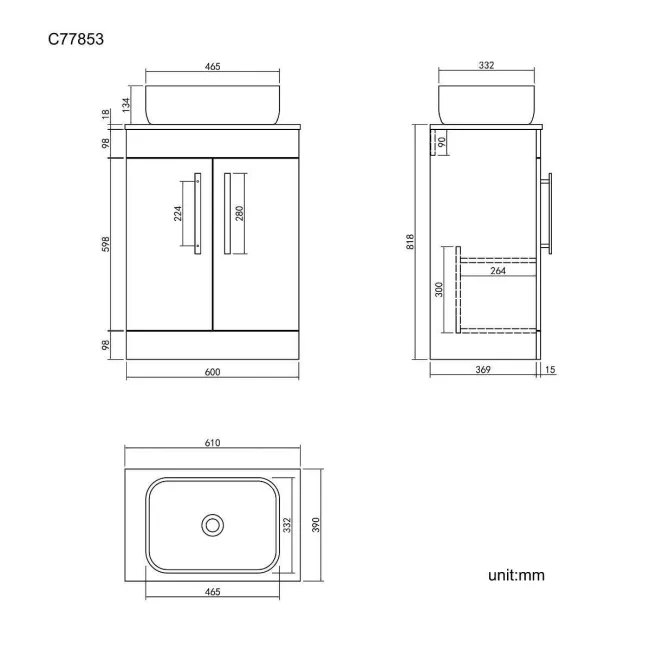 Avon Gloss White Vanity with Curved Counter Top Basin 600mm - Black Accents