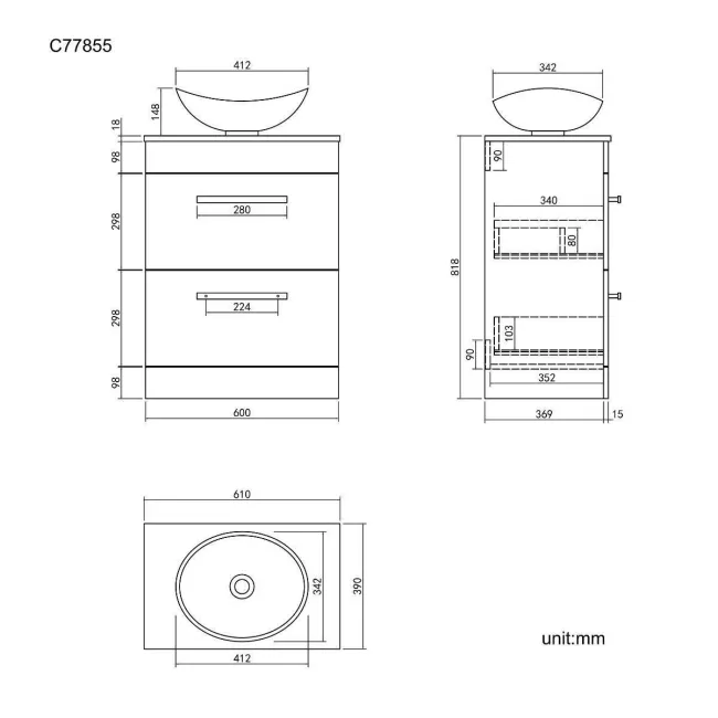 Avon Gloss White Vanity Drawer with Oval Counter Top Basin 600mm - Black Accents