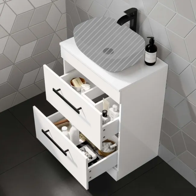 Avon Gloss White Counter Top Drawer Vanity 600mm - Black Accents