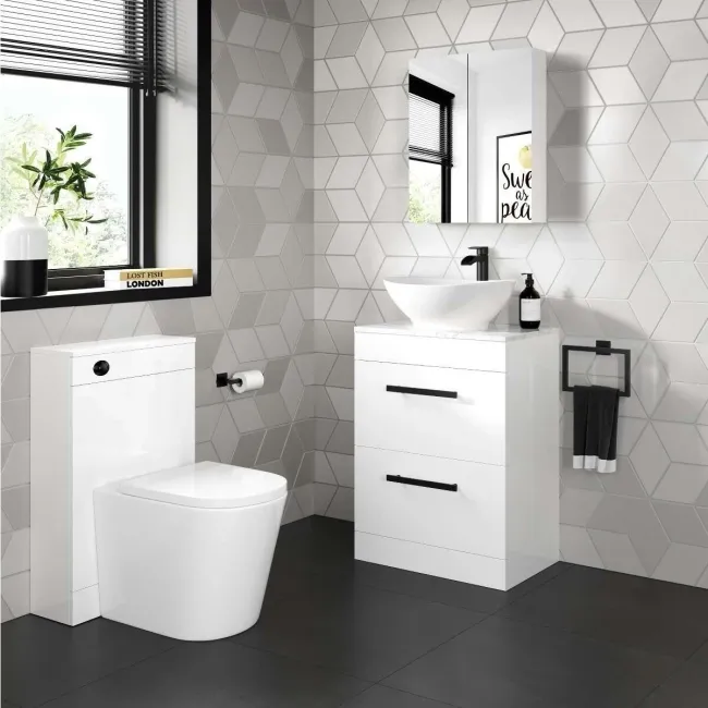 Avon Gloss White Vanity Drawer with Marble Top & Oval Counter Top Basin 600mm - Black Accents