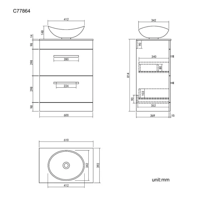 Avon Gloss White Vanity Drawer with Marble Top & Oval Counter Top Basin 600mm - Black Accents