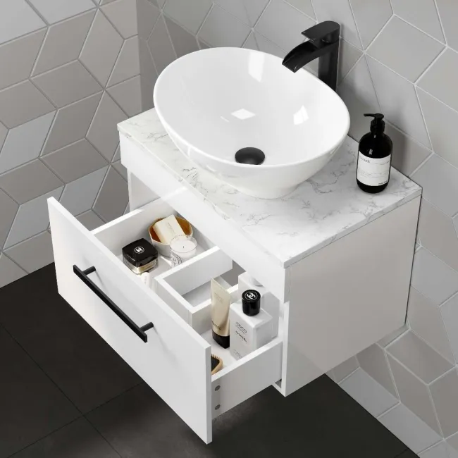 Avon Gloss White Wall Hung Drawer Vanity with Marble Top & Oval Counter Top Basin 600mm - Black Accents