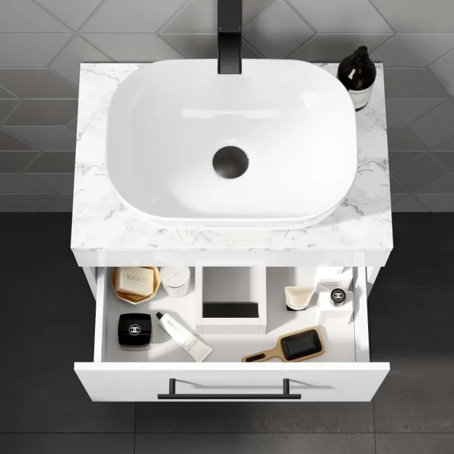 Avon Gloss White Wall Hung Drawer Vanity with Marble Top & Curved Counter Top Basin 600mm - Black Accents