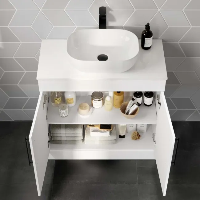 Avon Gloss White Vanity with Curved Counter Top Basin 800mm - Black Accents