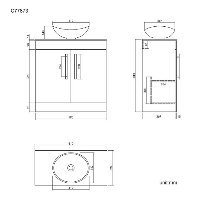 Avon Gloss White Vanity with Marble Top & Oval Counter Top Basin 800mm - Black Accents