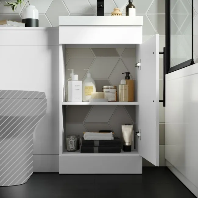 Avon Gloss White Basin Vanity and Back To Wall Unit 950mm - Black Accents