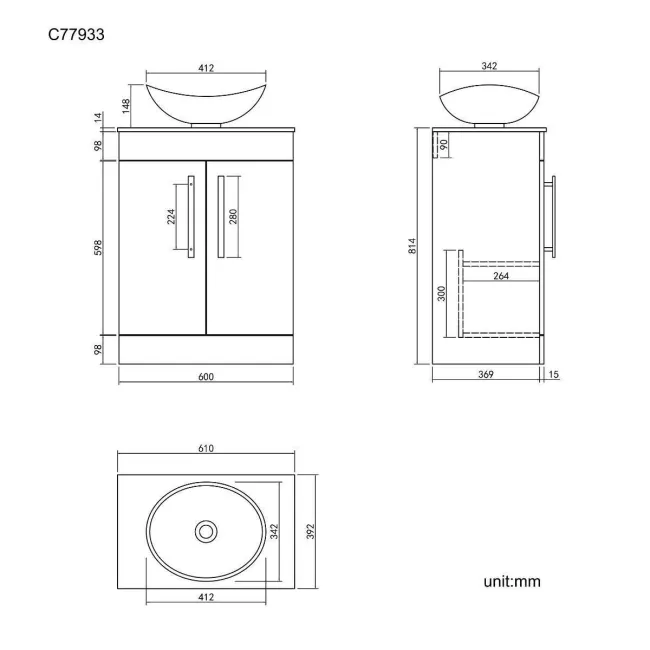 Avon Stone Grey Vanity with Marble Top & Oval Counter Top Basin 600mm - Black Accents