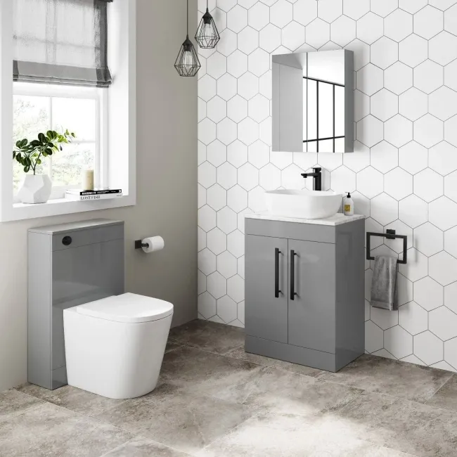 Avon Stone Grey Vanity with Marble Top & Curved Counter Top Basin 600mm - Black Accents