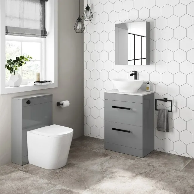 Avon Stone Grey Vanity Drawer with Marble Top & Oval Counter Top Basin 600mm - Black Accents