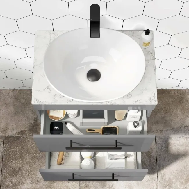 Avon Stone Grey Vanity Drawer with Marble Top & Oval Counter Top Basin 600mm - Black Accents