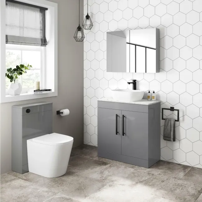 Avon Stone Grey Vanity with Marble Top & Curved Counter Top Basin 800mm - Black Accents