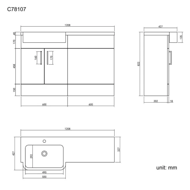 Harper Charcoal Elm Basin Vanity and Back To Wall Toilet Unit 1200mm - Black Accents - Left Handed