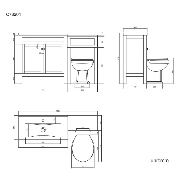 Bermuda Dove Grey Combination Vanity Basin and Hudson Toilet with Wooden Seat 1300mm