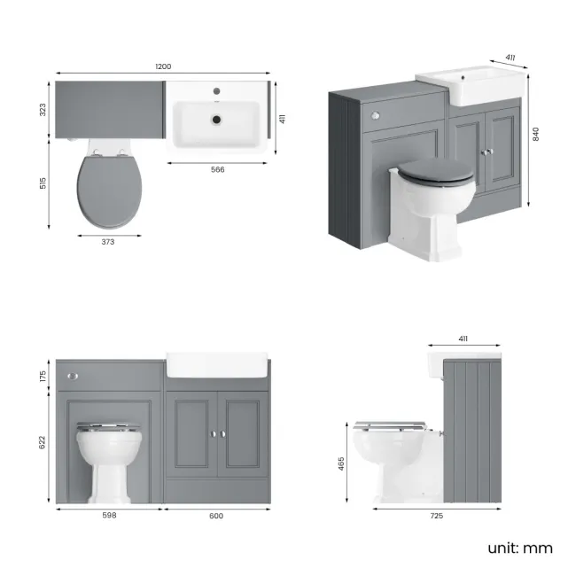 Monaco Dove Grey Combination Vanity Basin and Hudson Toilet with Wooden Seat 1200mm