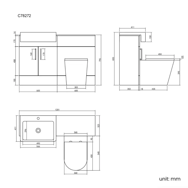 Harper Gloss White Combination Vanity Basin with Marble Top & Boston Toilet 1200mm - Black Accents