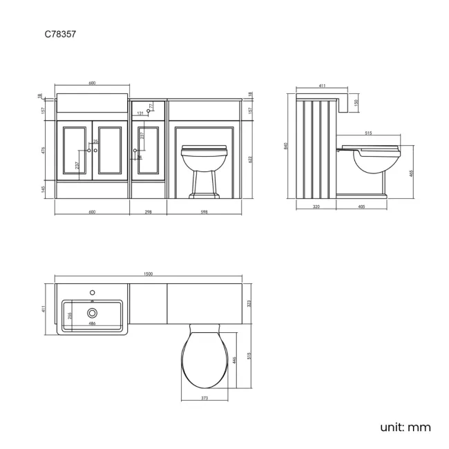 Monaco Chalk White Combination Vanity Basin and Hudson Toilet with Wooden Seat 1500mm