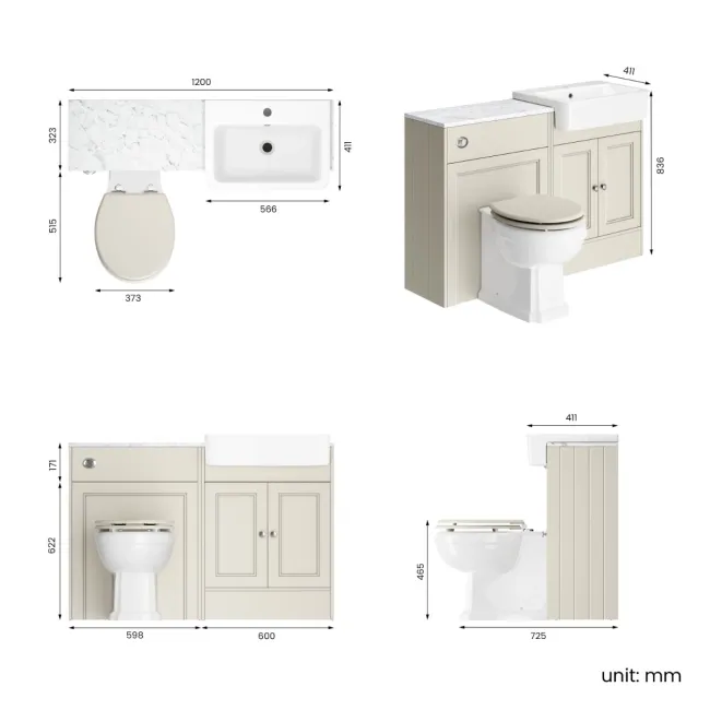 Monaco Chalk White Combination Vanity Basin with Marble Top & Hudson Toilet with Wooden Seat 1200mm