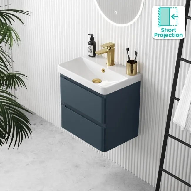 Corsica Inky Blue Wall Hung Slimline Basin Drawer Vanity 500mm