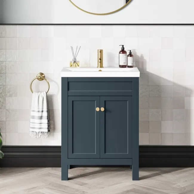Bermuda Inky Blue Basin Vanity 600mm - Brushed Brass Accents