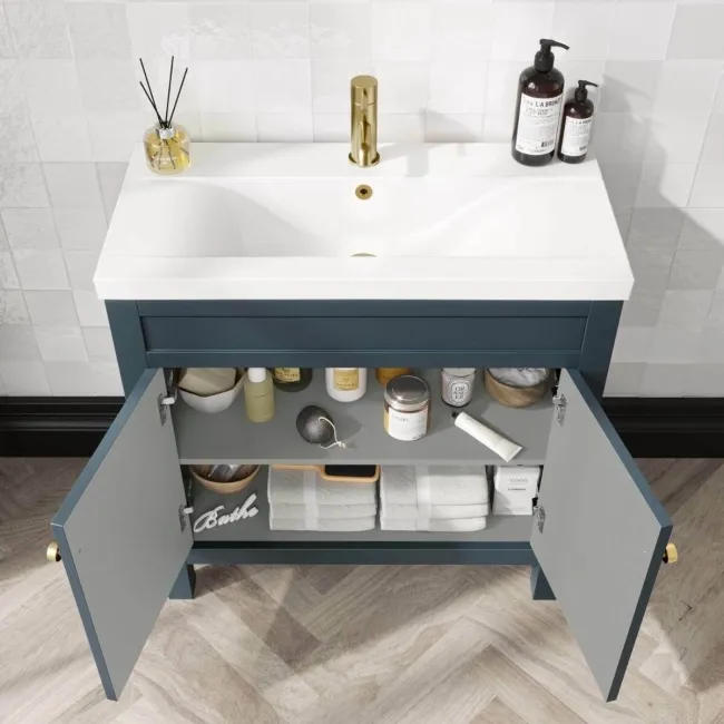 Bermuda Inky Blue Basin Vanity 800mm - Brushed Brass Accents