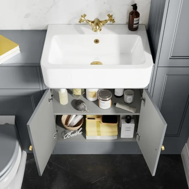 Monaco Dove Grey Basin Vanity 600mm - Brushed Brass Accents