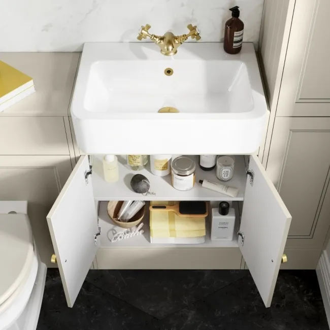 Monaco Chalk White Basin Vanity 600mm - Brushed Brass Accents