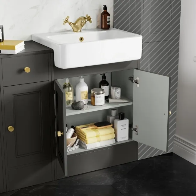 Monaco Graphite Grey Basin Vanity and Back To Wall Unit 1500mm (Excludes Pan & Cistern) - Brushed Brass Accents