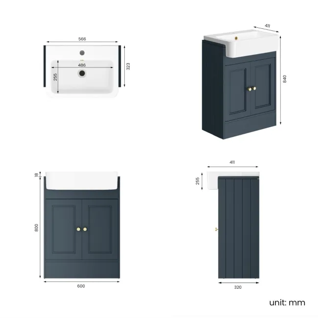 Monaco Inky Blue Basin Vanity 600mm - Brushed Brass Accents