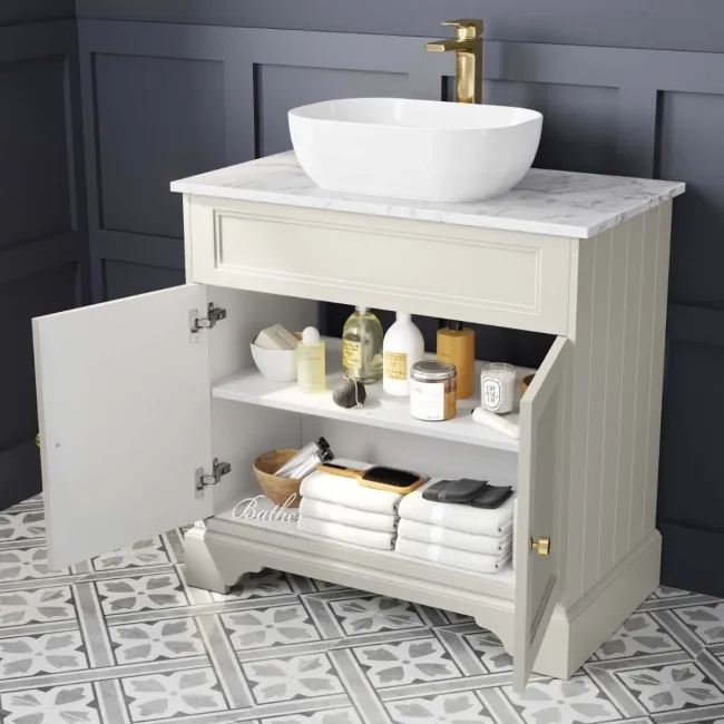 Lucia Chalk White Vanity with Marble Top & Curved Counter Top Basin 840mm - Brushed Brass Accents