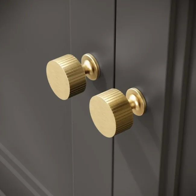 Lucia Graphite Grey Vanity with Oak Effect Top & Round Counter Top Basin 840mm - Brushed Brass Accents