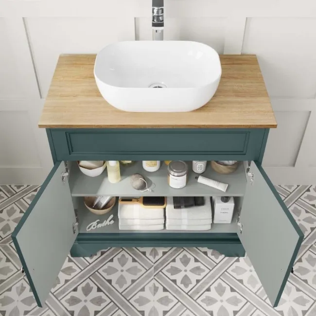 Lucia Midnight Green Vanity with Oak Effect Top & Curved Counter Top Basin 840mm