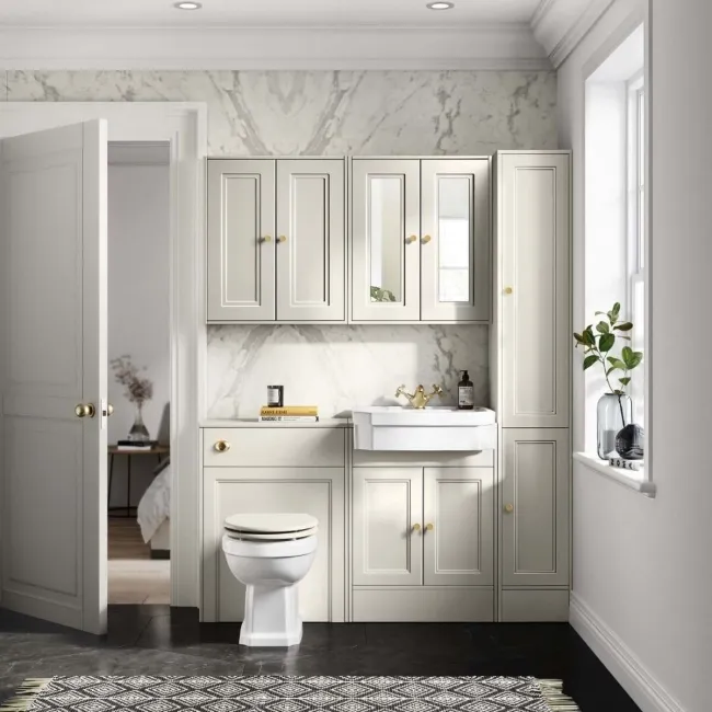 Monaco Chalk White Combination Vanity Traditional Basin and Hudson Toilet with Wooden Seat 1200mm - Brushed Brass Accents
