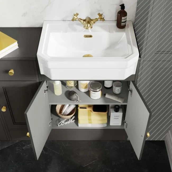 Monaco Graphite Grey Combination Vanity Traditional Basin and Hudson Toilet with Wooden Seat 1500mm - Brushed Brass Accents