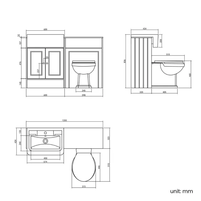 Monaco Graphite Grey Combination Vanity Traditional Basin with Marble Top & Hudson Toilet with Wooden Seat 1200mm - Brushed Brass Accents