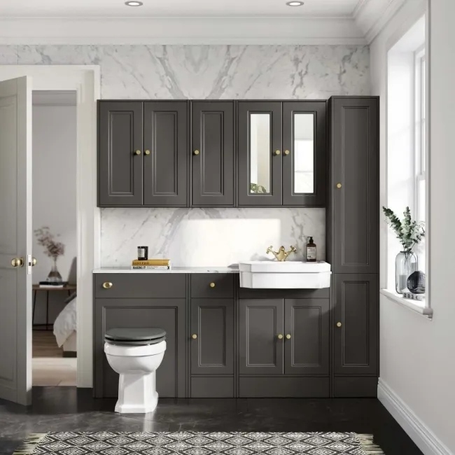 Monaco Graphite Grey Combination Vanity Traditional Basin with Marble Top & Hudson Toilet with Wooden Seat 1500mm - Brushed Brass Accents